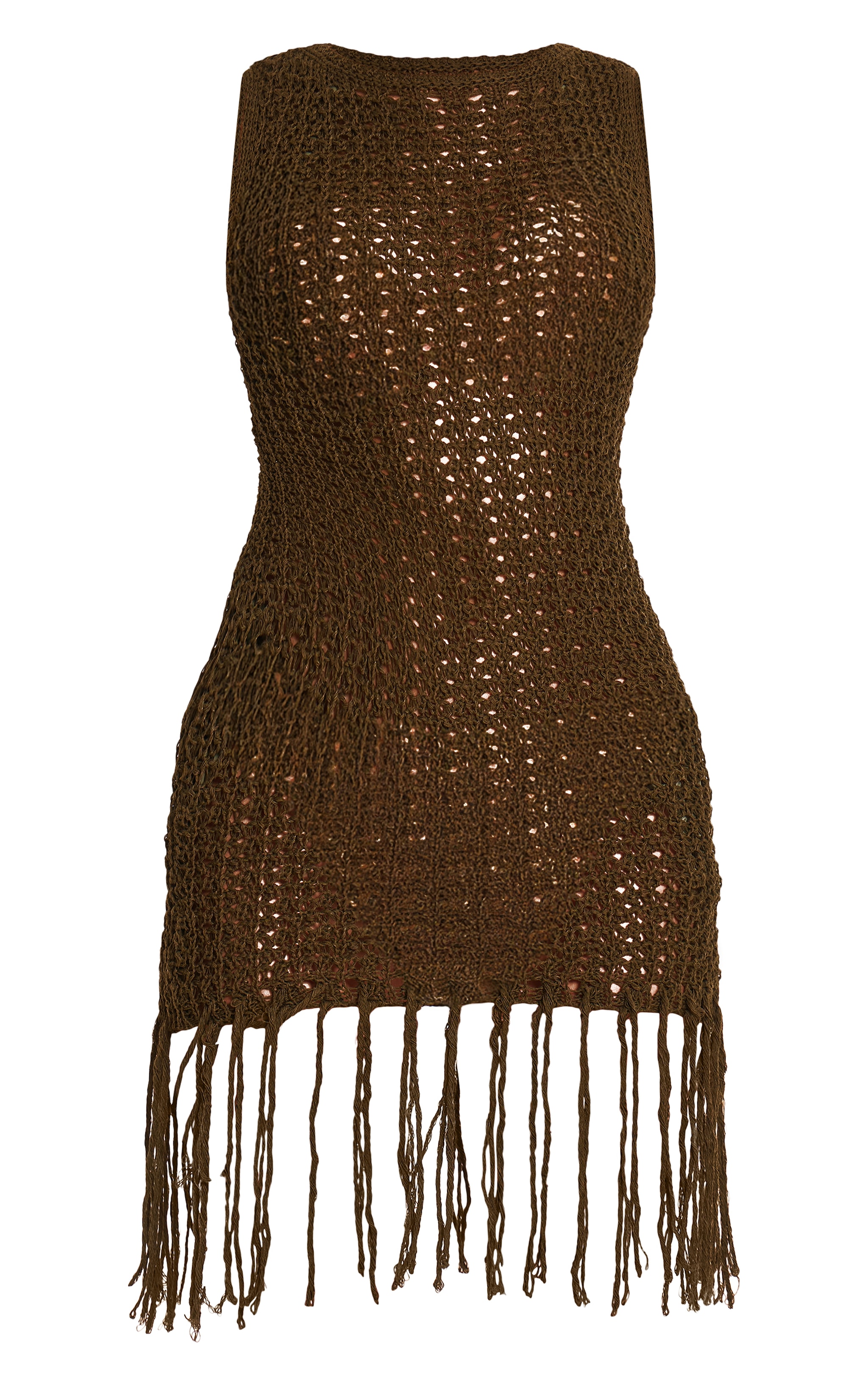 Olive Crochet Boat Neck Tassel Mini Dress image 5