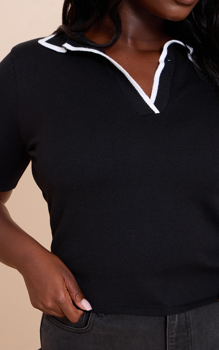 Plus Black Knitted Contrast Polo Collar Top image 4
