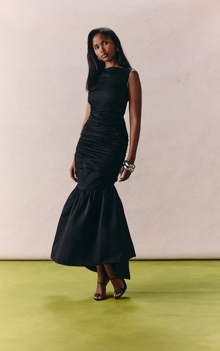 Black Ruched Skater Hem Midaxi Dress