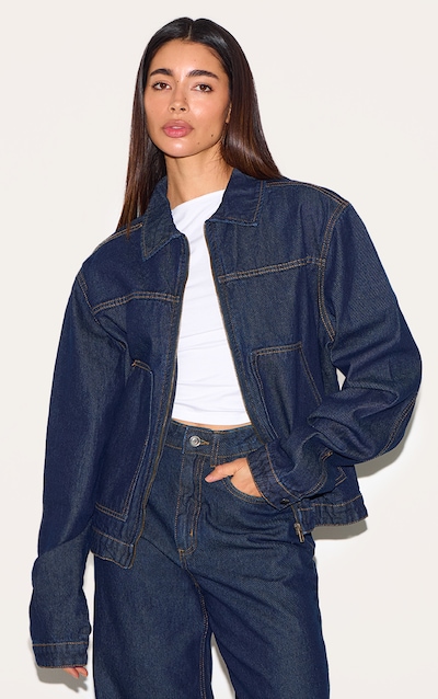 Veste style utilitaire en jean indigo foncé à coutures contrastantes