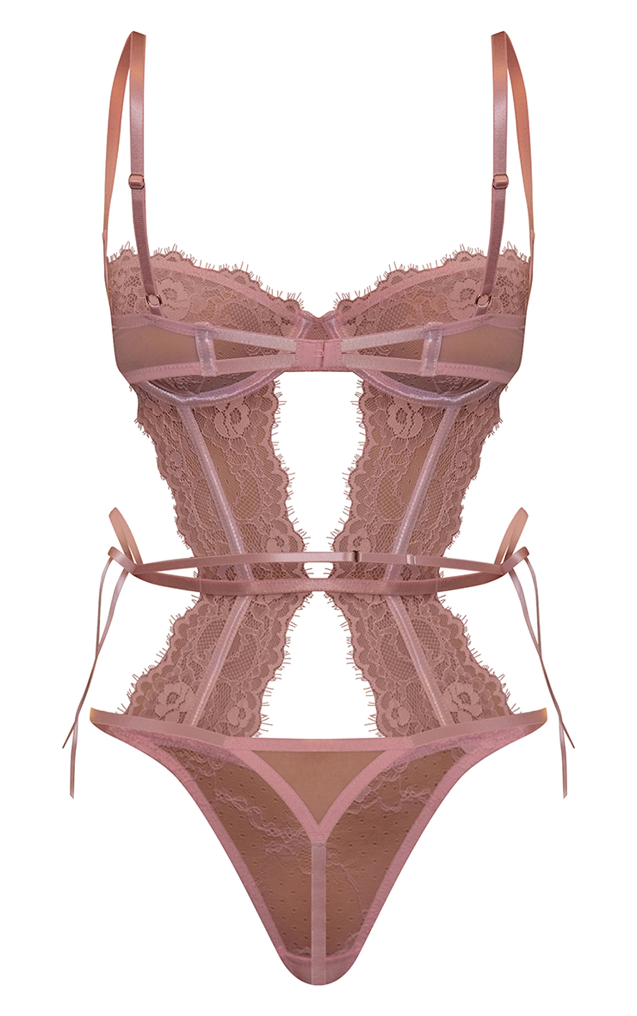 Pink Cut Out Side Tie Lace Detail Bodysuit image 7