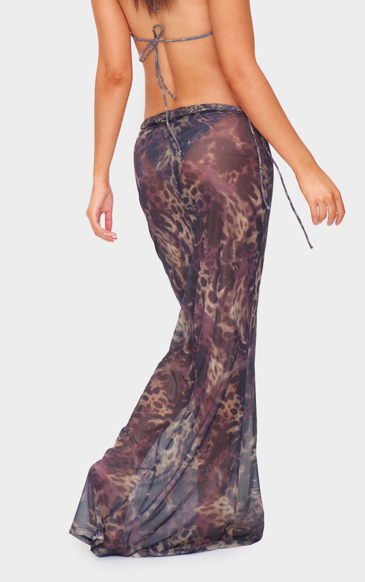 Brown Animal Print Mesh Fishtail Maxi Skirt image 3