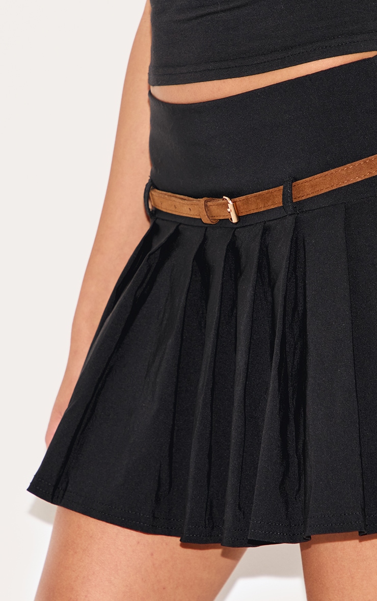 Black Stretch Woven Belt Detail Pleated Mini Skirt | Bottoms