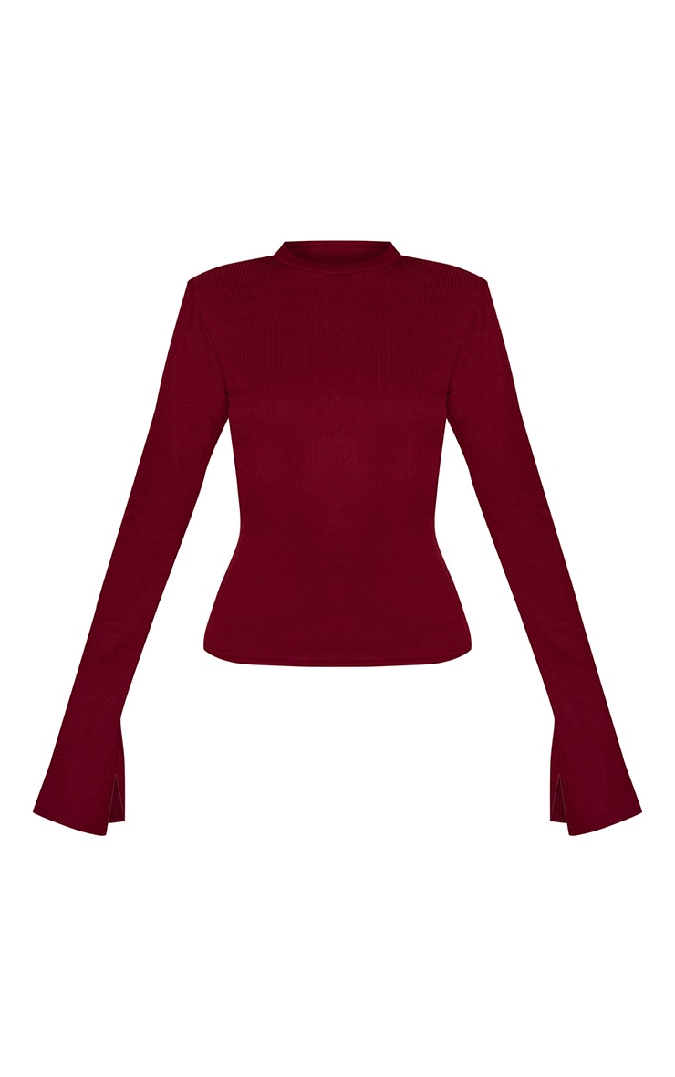 Wine Ribbed High Neck Long Sleeve Top image 5