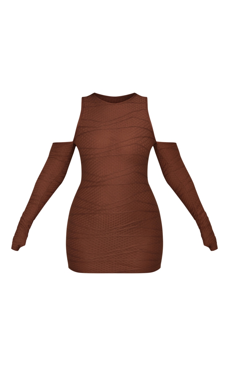 Chocolate Textured Cold Shoulder Sleeve Detail Bodycon Dress image 5