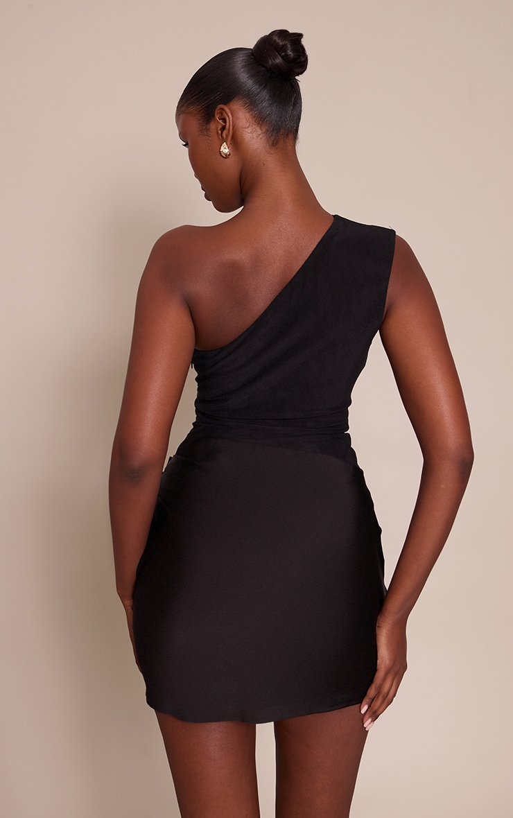 Black One Shoulder Satin Contrast Mini Dress image 2