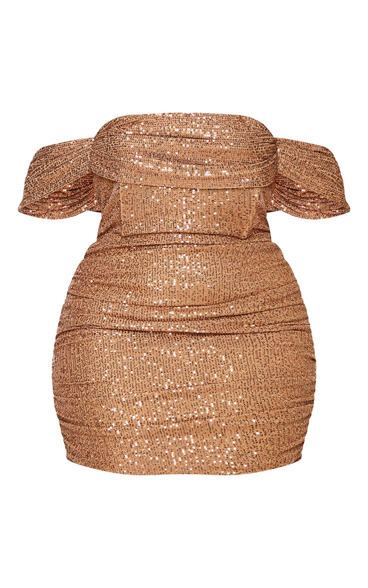 Plus Mocha Sequin Bardot Bodycon Dress image 5