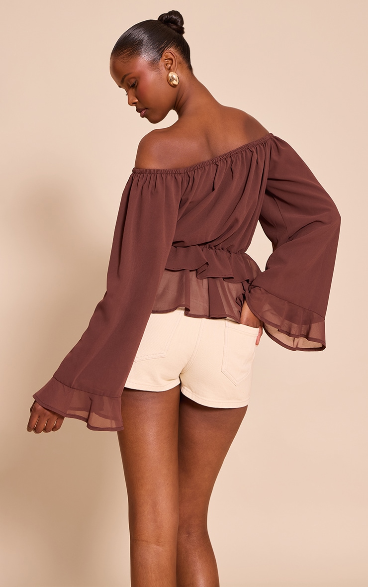Chocolate Chiffon Bardot Frill Detail Long Sleeve Top image 2