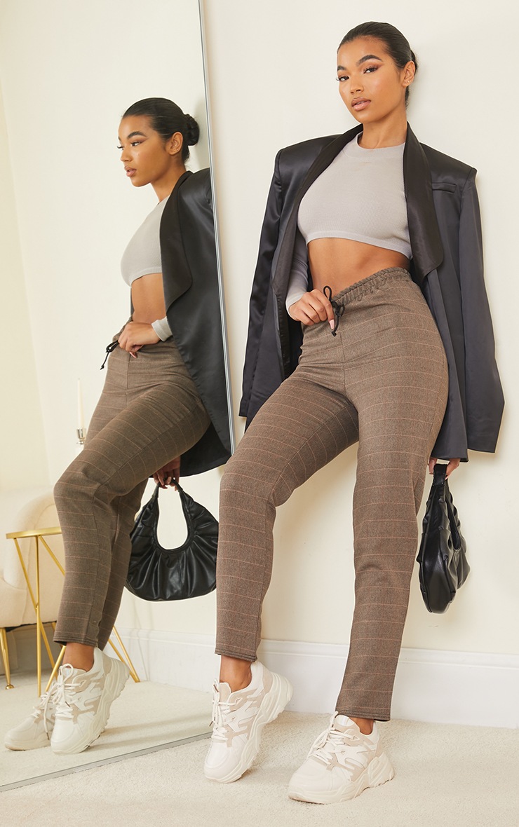 Brown Check Woven Cigarette Pants