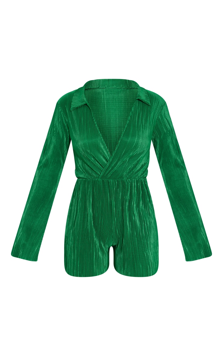 Green Plisse Wrap Collar Detail Playsuit image 5