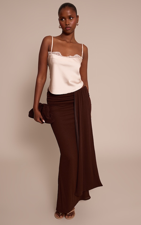 Chocolate Double Layer Onion Skin Drape Detail Maxi Skirt