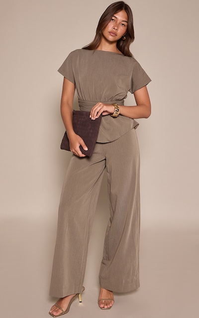 Khaki High Neck Peplum Jumpsuit