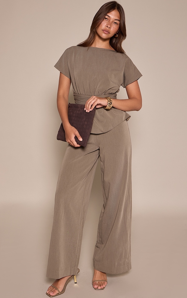 Khaki High Neck Peplum Jumpsuit