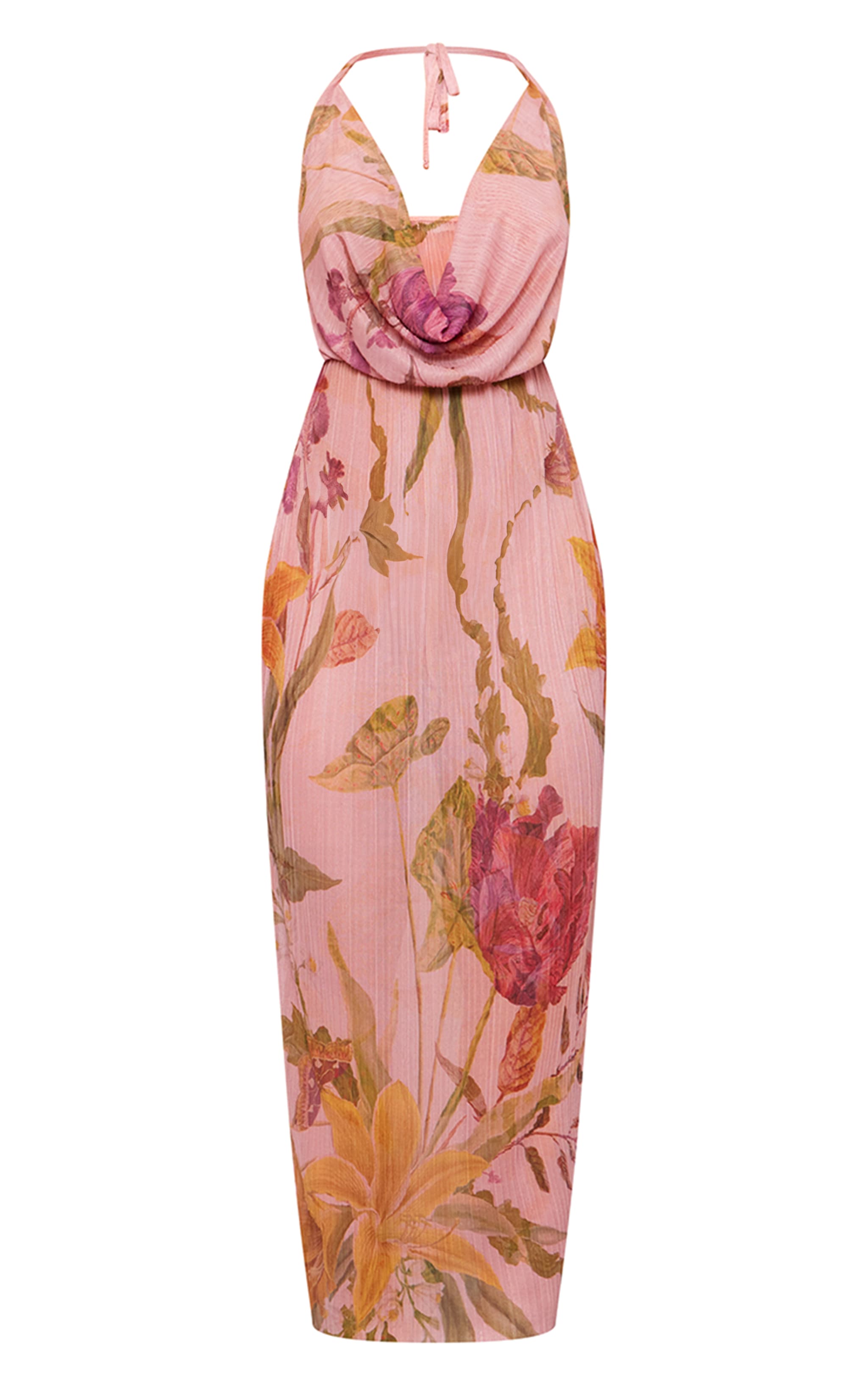 Pink Print Sheer Plisse Cowl Neck Maxi Dress image 5