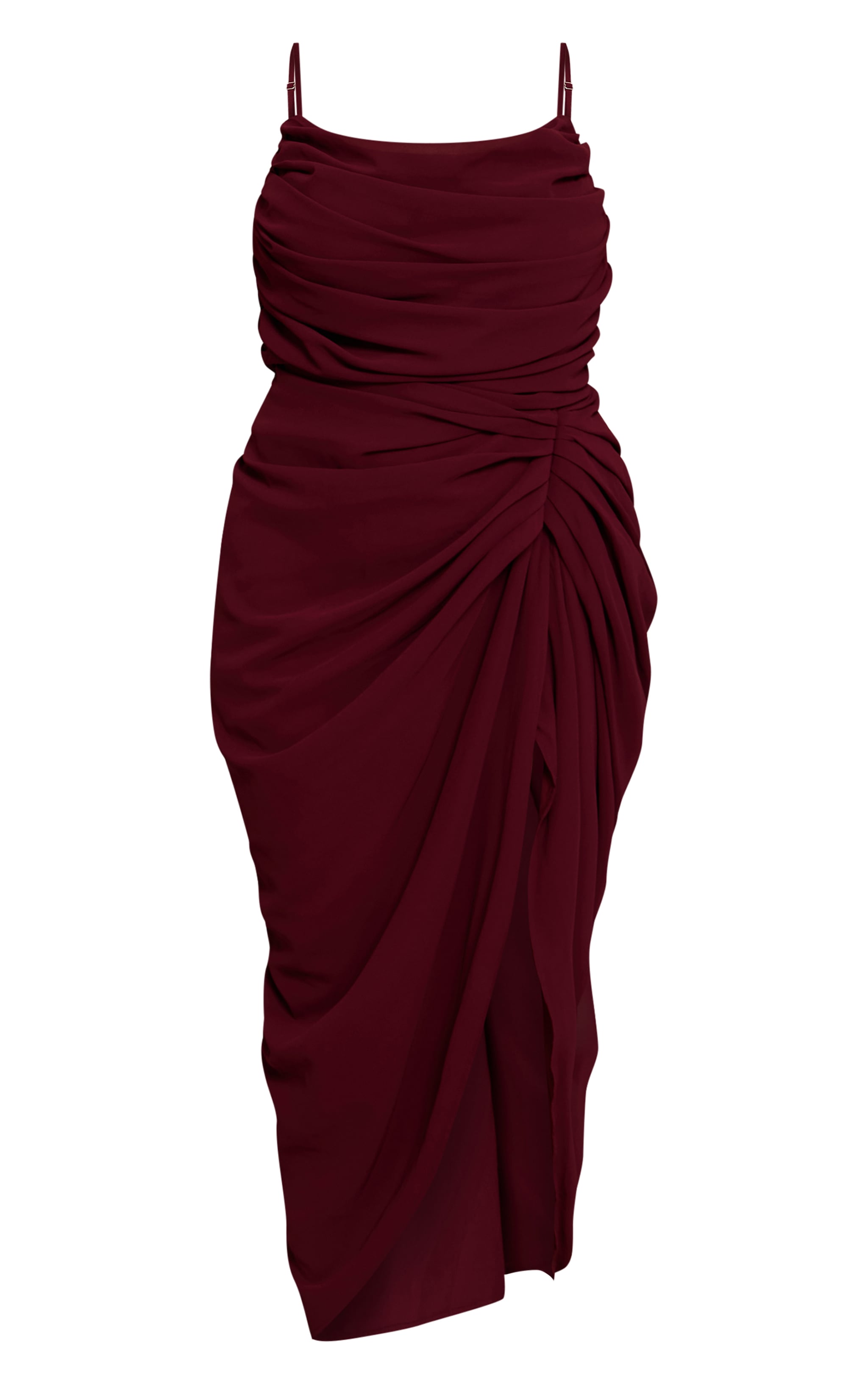 Plus Wine Ruched Chiffon Drape Midi Dress image 5