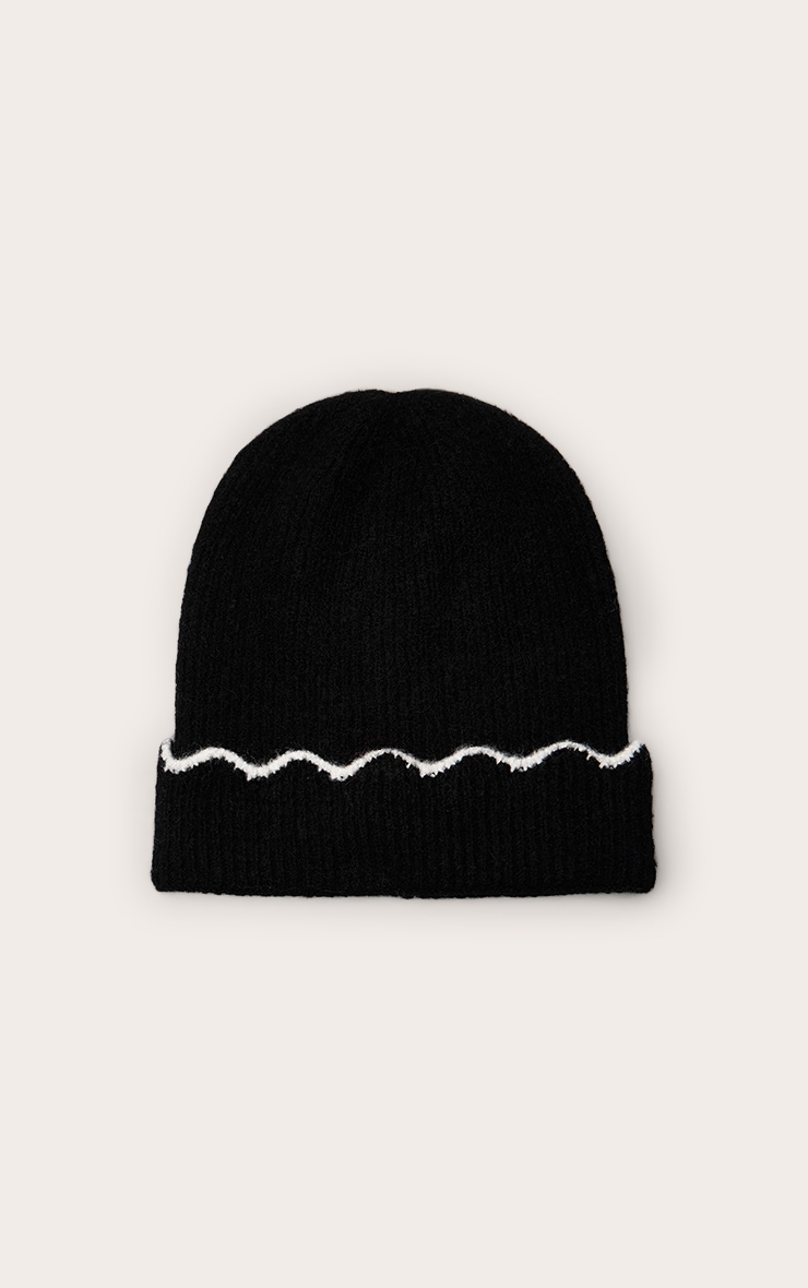 Black With White Scalloped Trim Beanie image 2