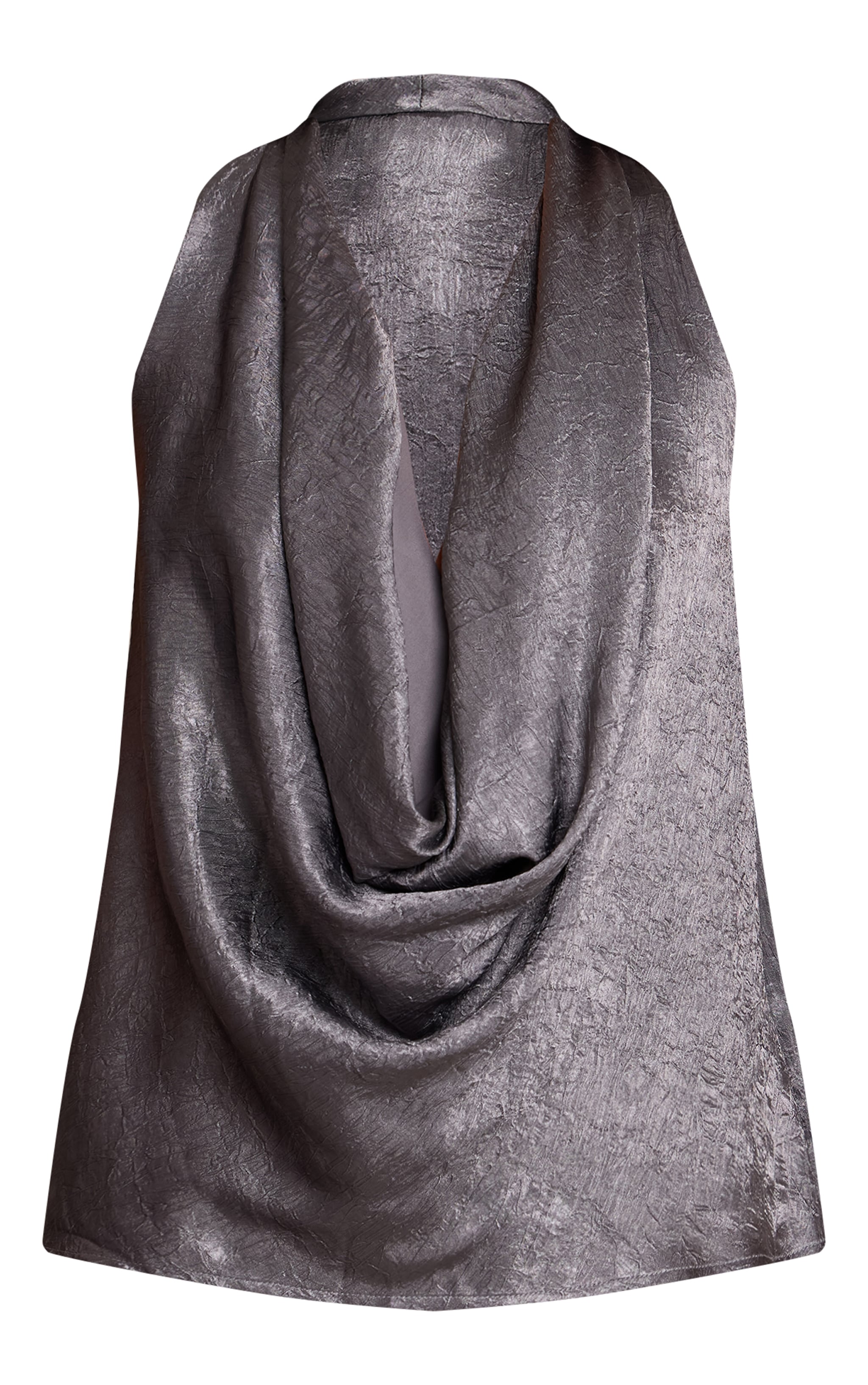 Charcoal Blue Textured Satin Cowl Neck Detail Long Top image 5
