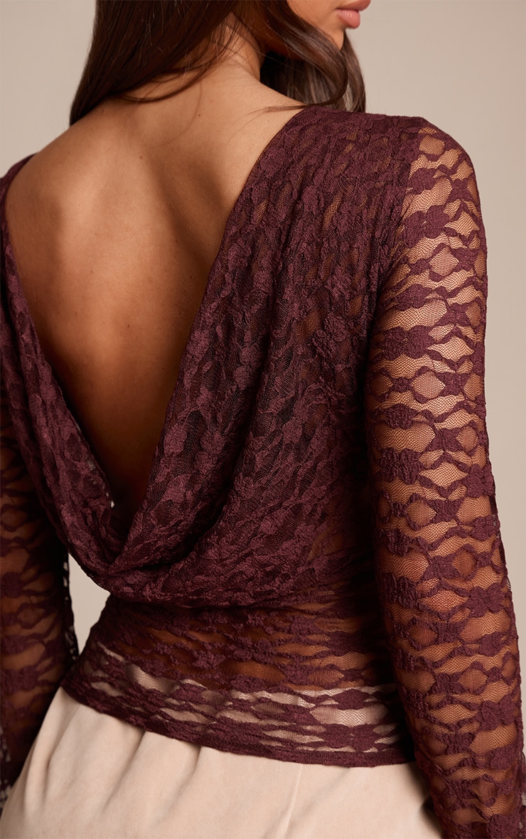 Chocolate Textured Lace Cowl Back Flared Long Sleeve Top image 4