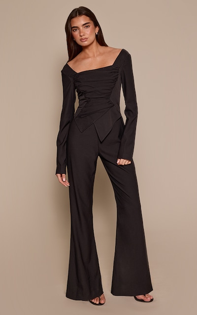 Black Long Sleeve Square Neck Ruched Jumpsuit