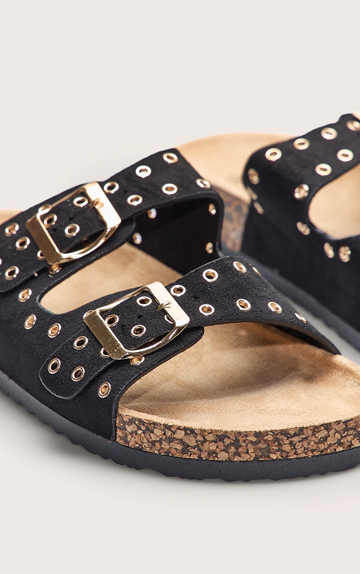 Black Faux Suede Double Buckle Eyelet Footbed Sandals image 4