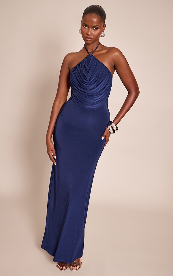 Robe longue moulante bleu marine drapée à dos nu