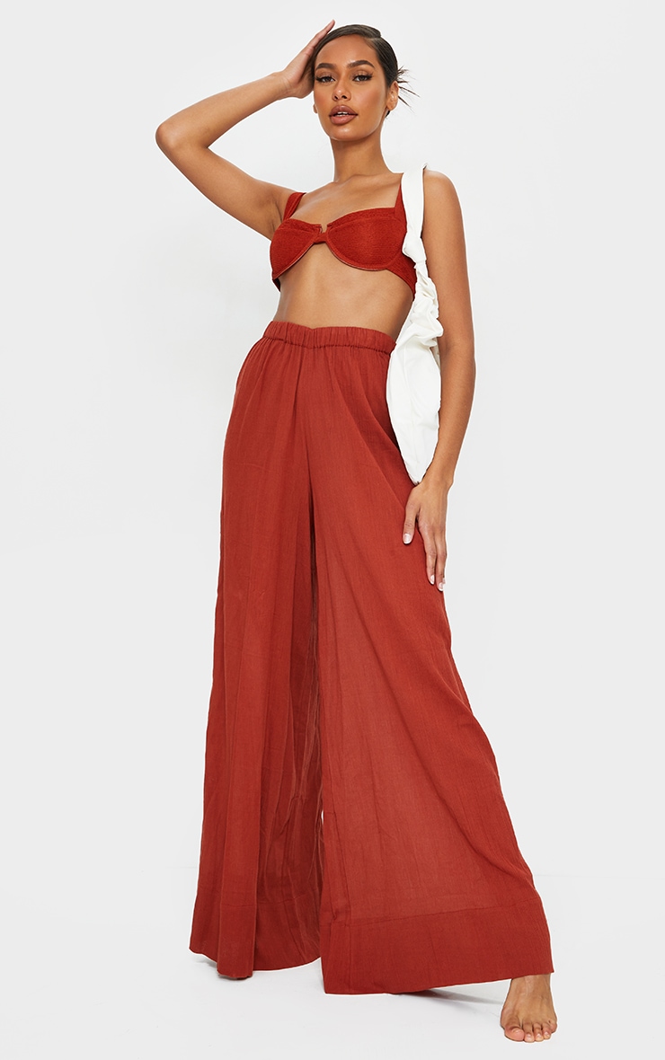 Pantalon de plage ample en coton texturé marron