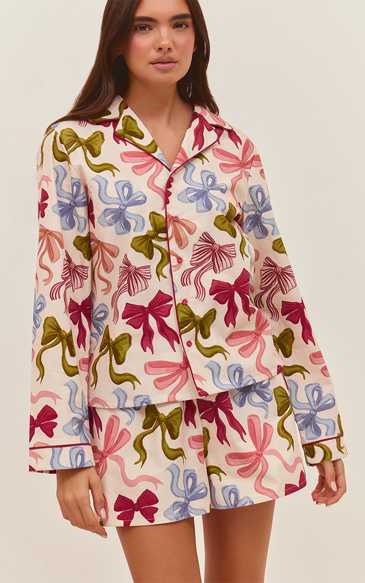Christmas Bow Poplin Long Sleeve Top and Shorts PJ Set image 1