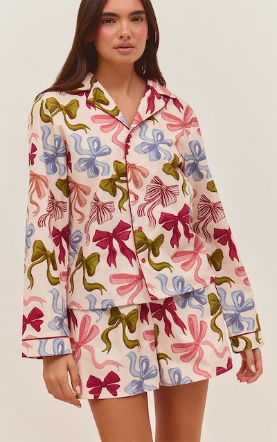 Ensemble de pyjama de Noël top et short en popeline imprimé noeuds à manches longues