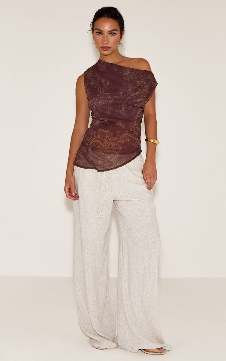 Top long en mousseline de soie marron imprimé cachemire à ourlet asymétrique image 3