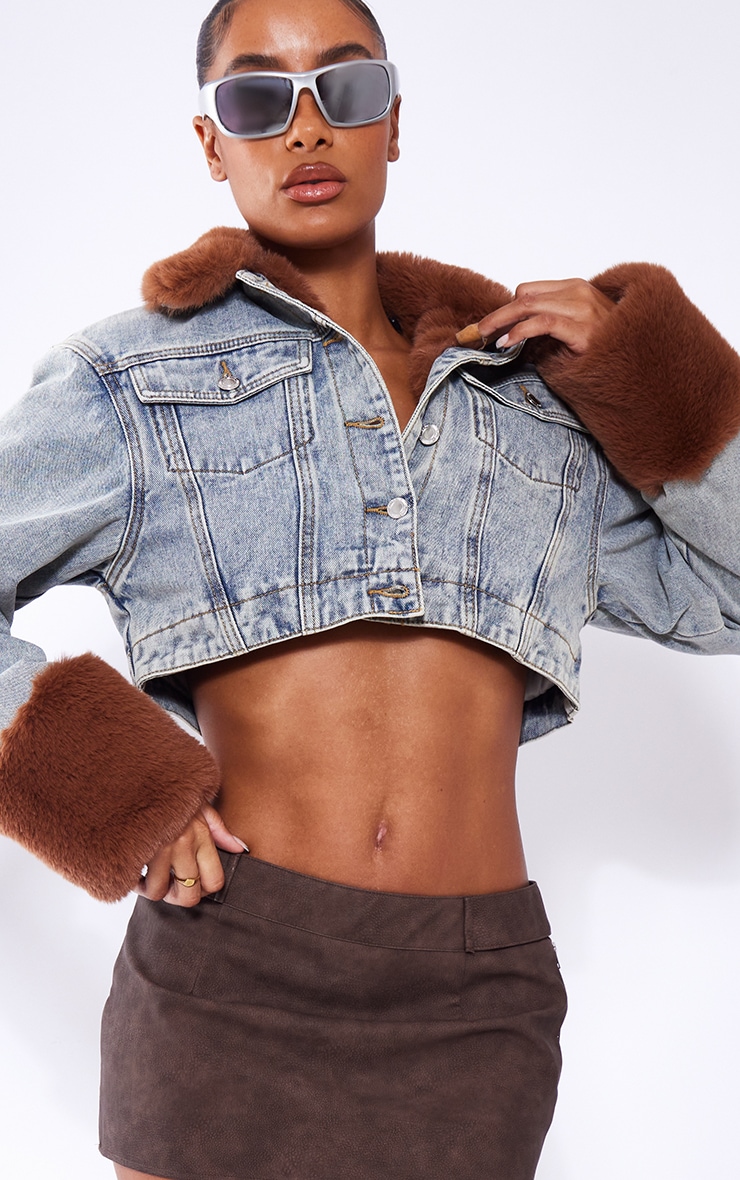 Vintage Wash Faux Fur Lined And Cuff Denim Cropped Jacket image 4