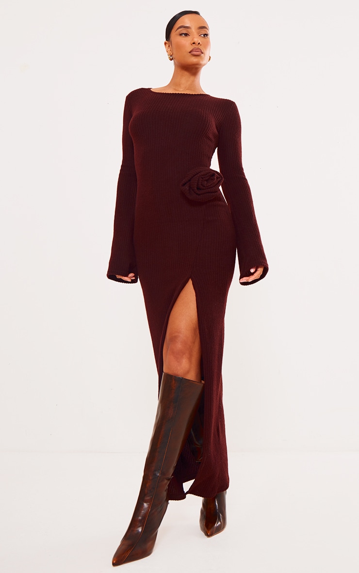 Chocolate Ribbed Collared Maxi Dress Gold Buttons