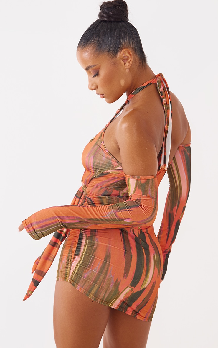 Orange Abstract Print Slinky Cut Out Tie Detail Cold Shoulder Bodycon Dress image 2