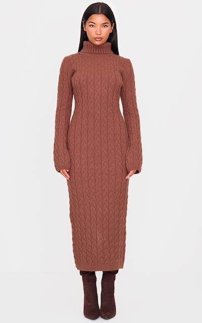 Robe longue en maille épaisse torsadée cappuccino à col roulé