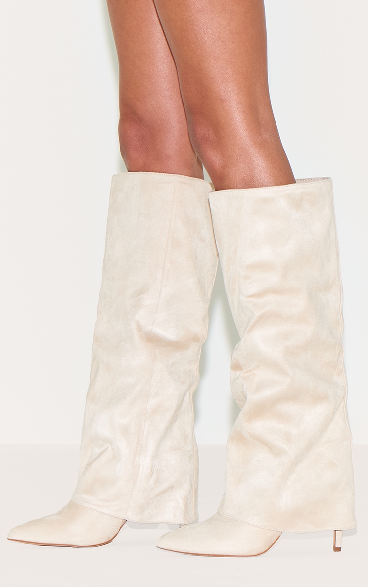 Stone Faux Suede Point Toe Fold Over High Stiletto Knee High Heeled Boots image 5