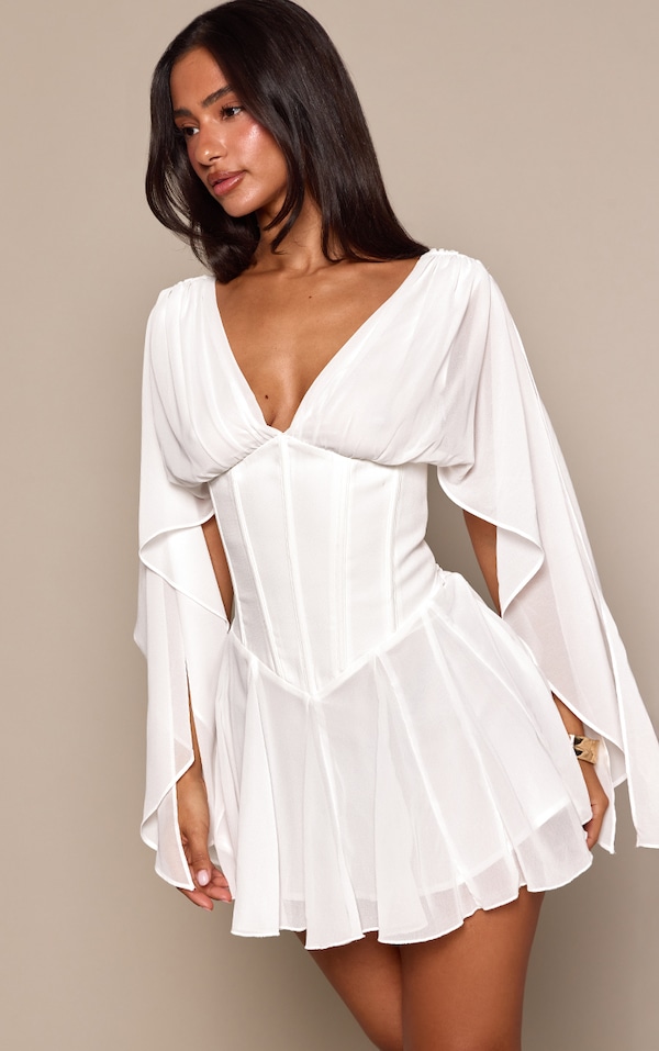 Petite White Corset Waist Chiffon Drape Sleeve Godet Mini Dress