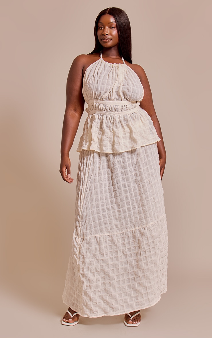 Plus Cream Textured Shirred Maxi Skirt image 1