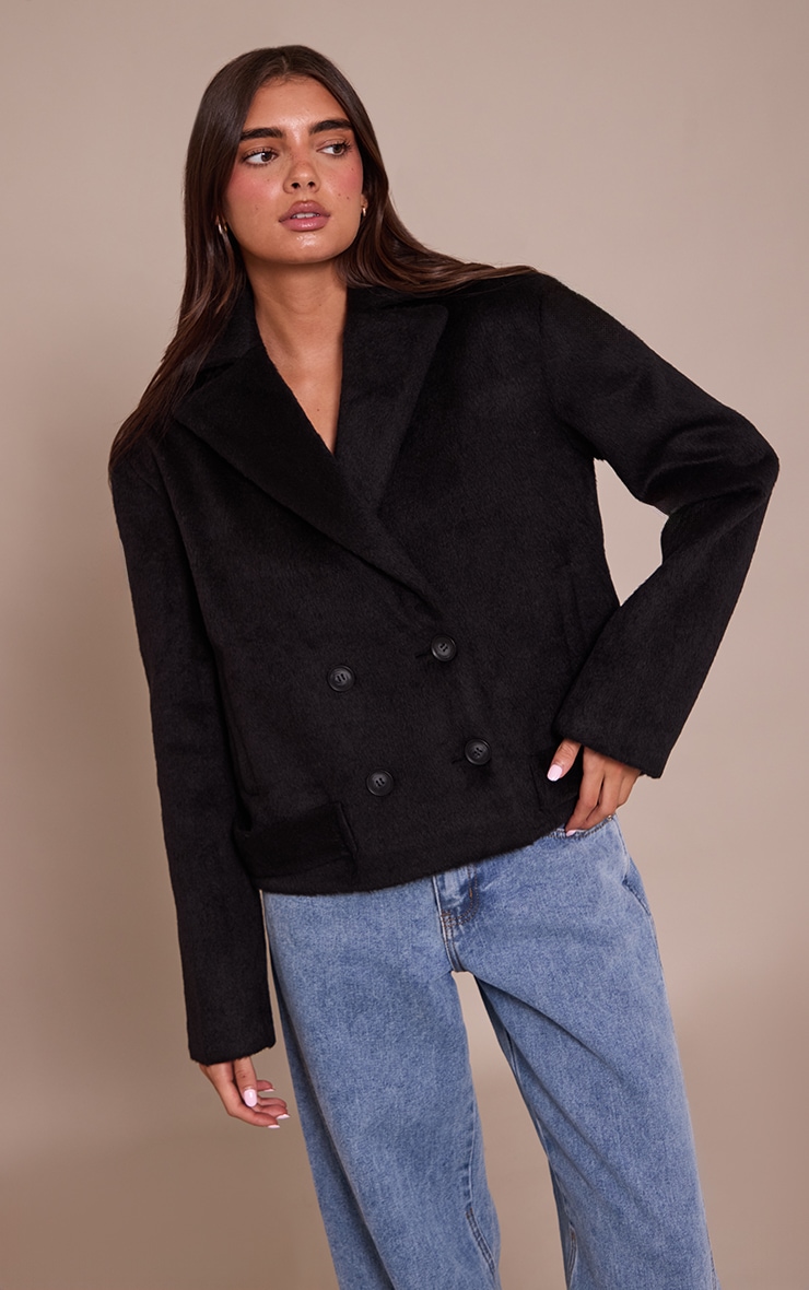 Black Brushed Wool Cropped Trench Coat
