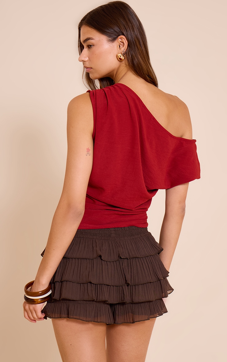 Deep Red Floaty Woven Ruched One Shoulder Top image 2