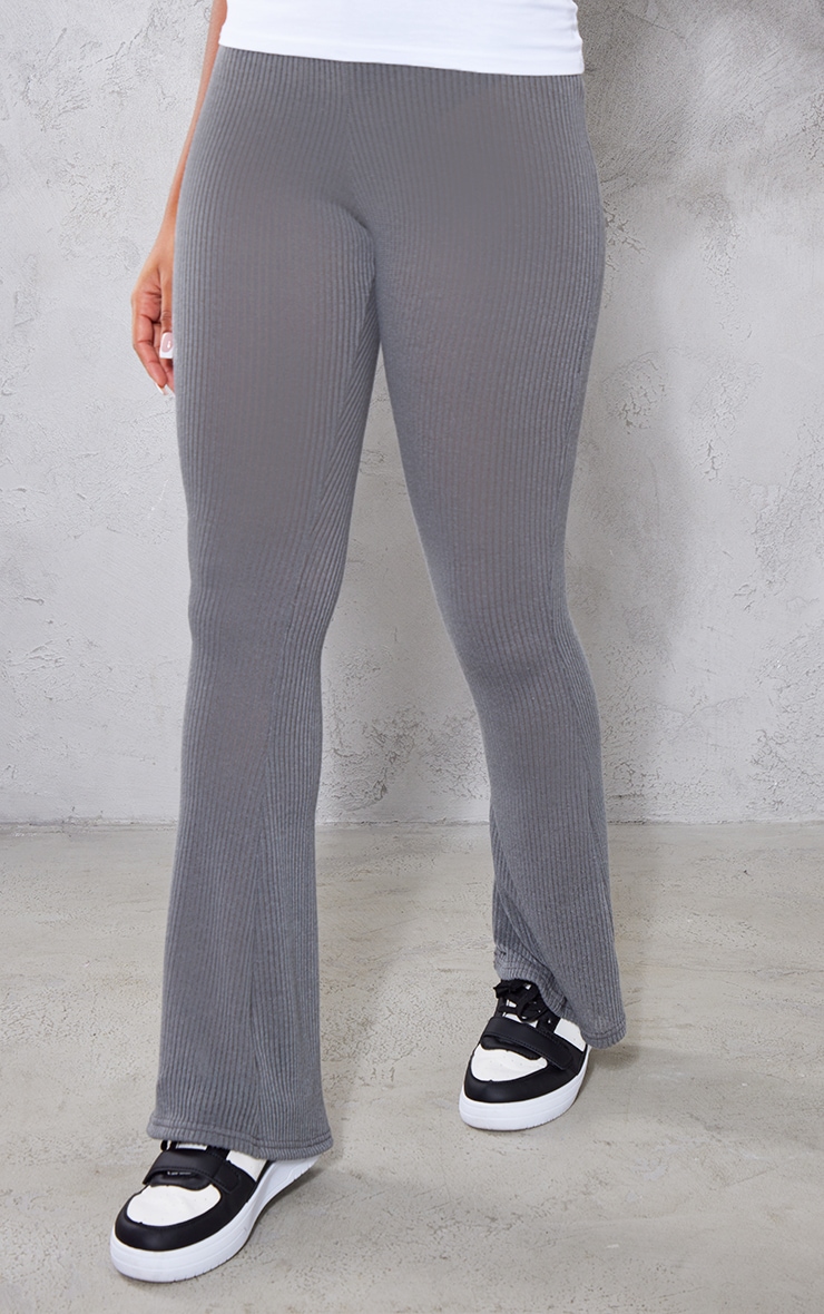 Charcoal Grey Soft Ribbed Flared Pants image 2