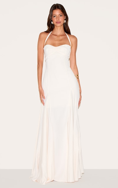 Cream Woven Halterneck Ruched Bust Detail Maxi Dress