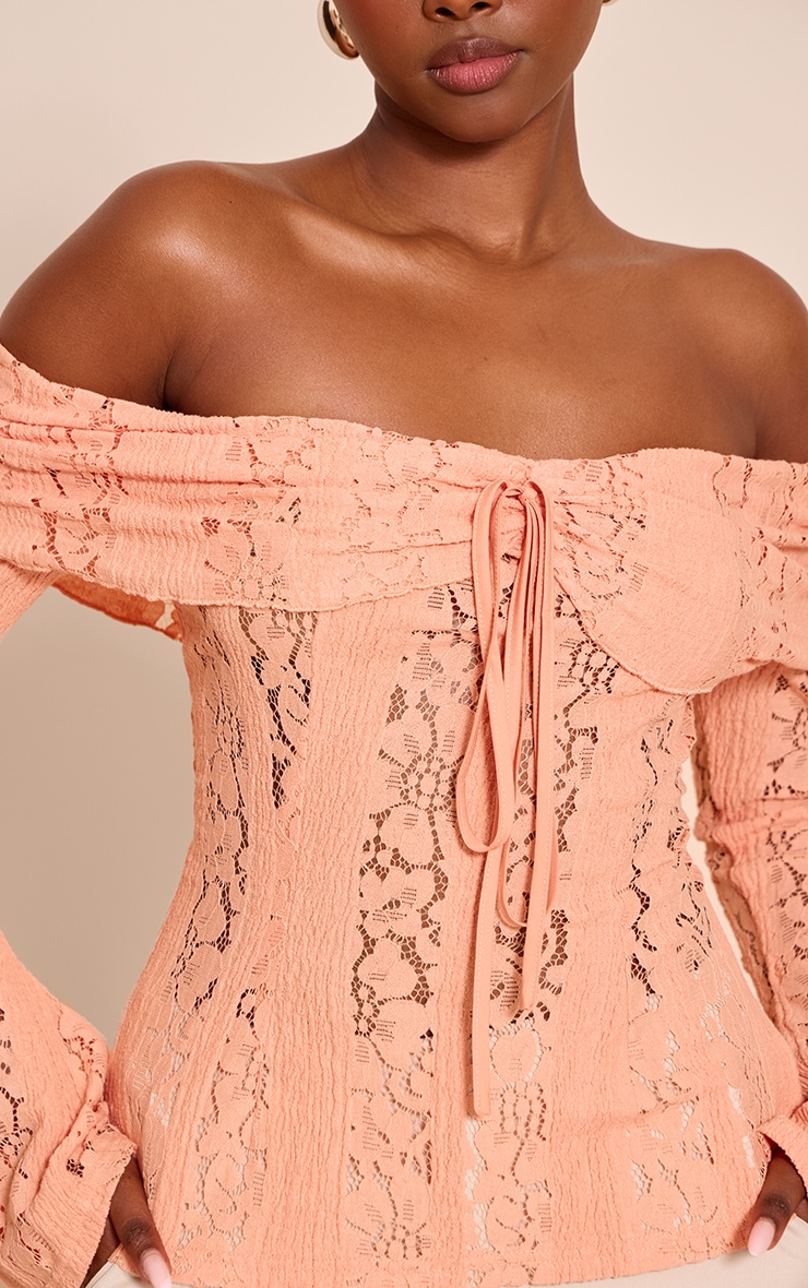 Peach Fitted Lace Flared Sleeve Bardot Top image 4