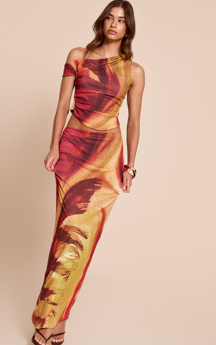 Multi Feather Print Onion Skin Asymmetric Hem Top | Co-ords