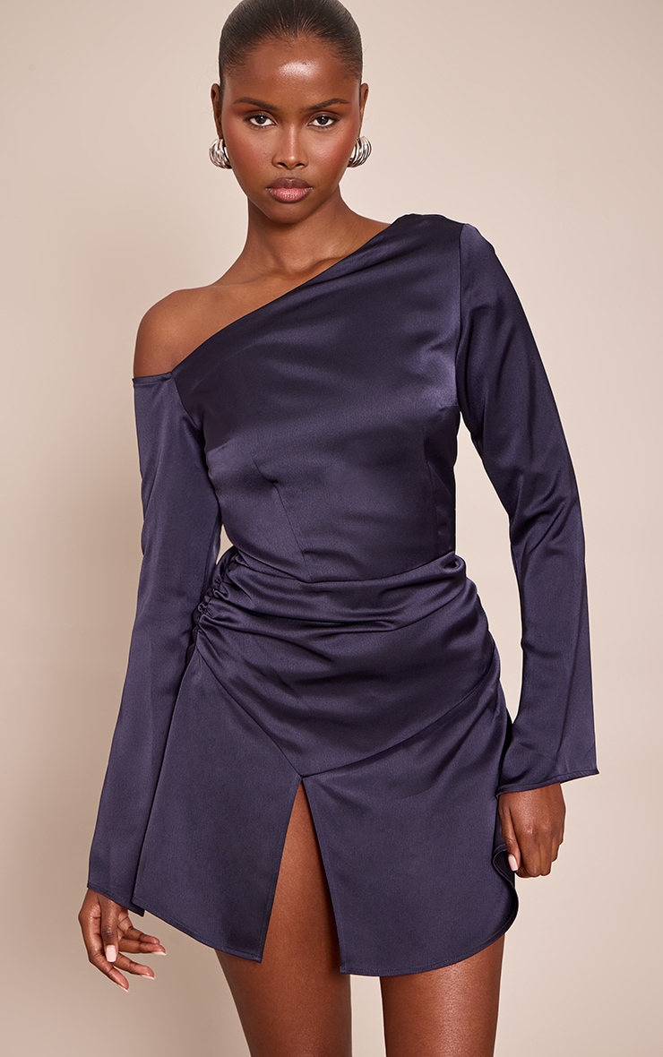 Navy Satin Asymmetric Long Sleeve Mini Shift Dress Dresses PLT - Main Image