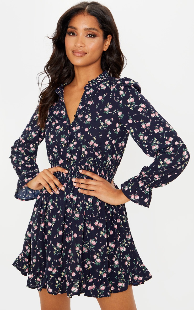 Robe chemise bleu marine à imprimé floral resserrée à la taille