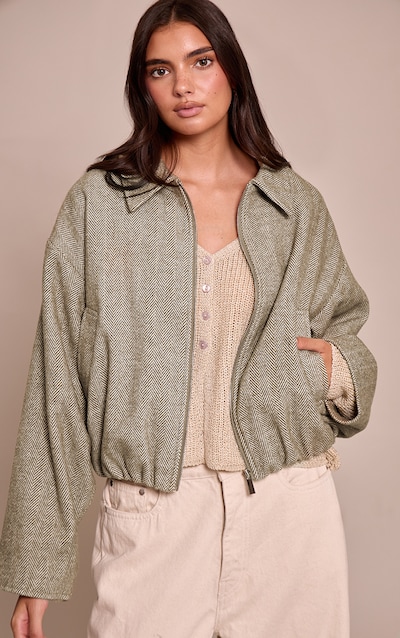 Olive Herringbone Bomber Jacket