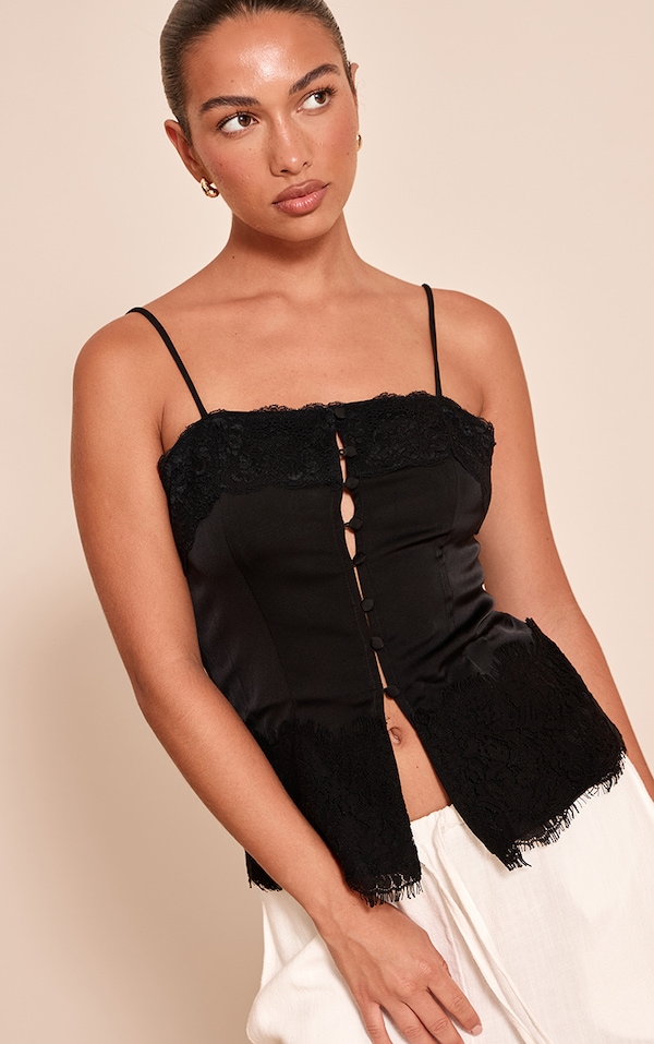 Black Satin Button Up Lace Detail Cami