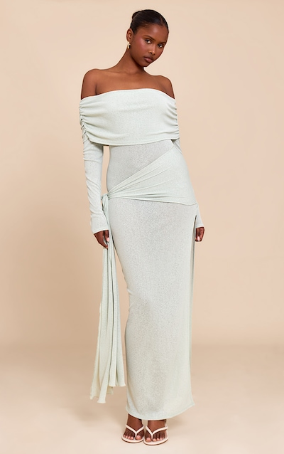 Sage Onion Skin Bardot Tie Waist Maxi Dress