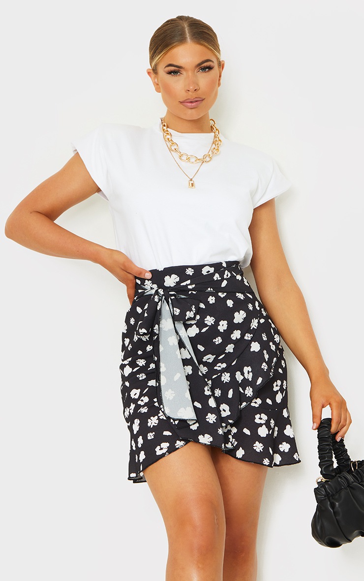 Black Ditsy Print Tie Detail Frill Edge Wrap Mini Skirt