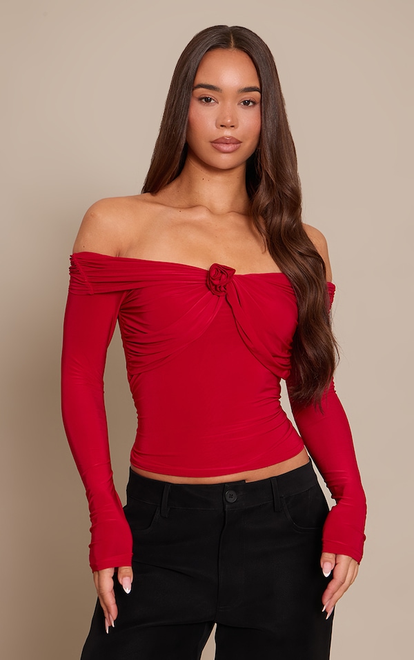 Red Slinky Applique Detail Bardot Long Sleeve Top 