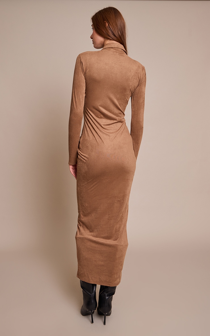 Chocolate Faux Suede Long Sleeve Ruched Button up Maxi Dress image 2